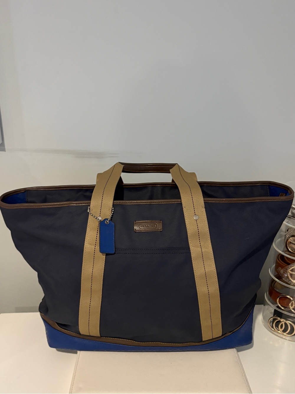 Like New Coach Navy Canvas Duffel with Tan Straps and Blue Base